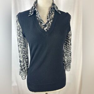 Essentials by Milano Black V-Neck Sweater with Sheer Patterned Sleeves